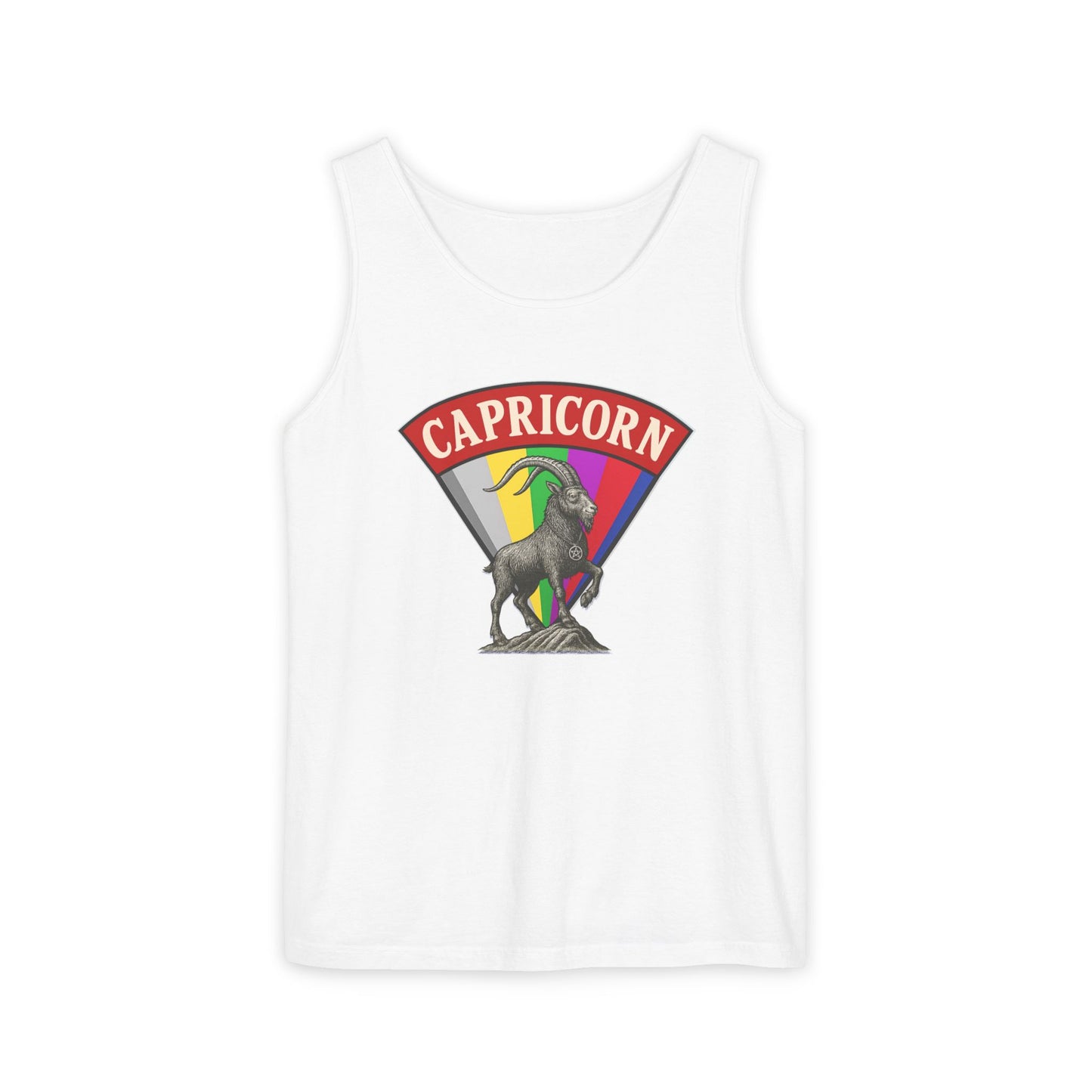 White tank top with Capricorn zodiac sign design on a white background
