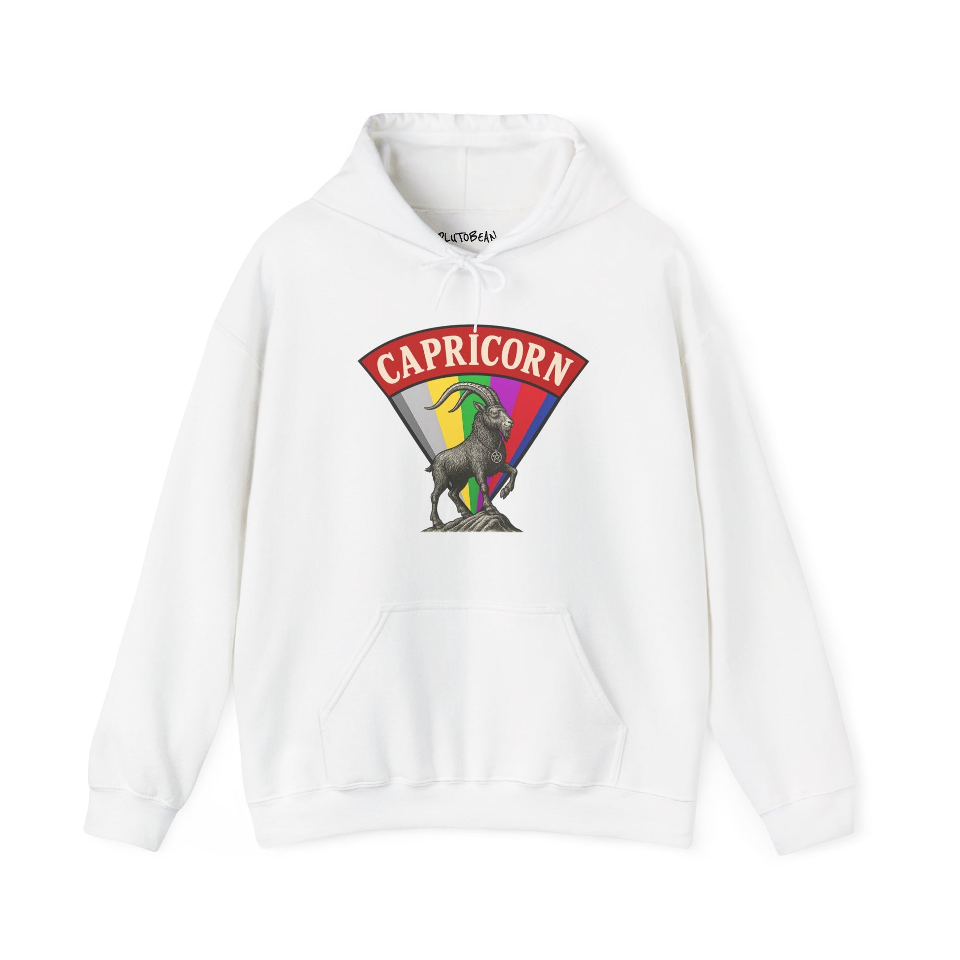 White hoodie with Capricorn zodiac sign design on a white background