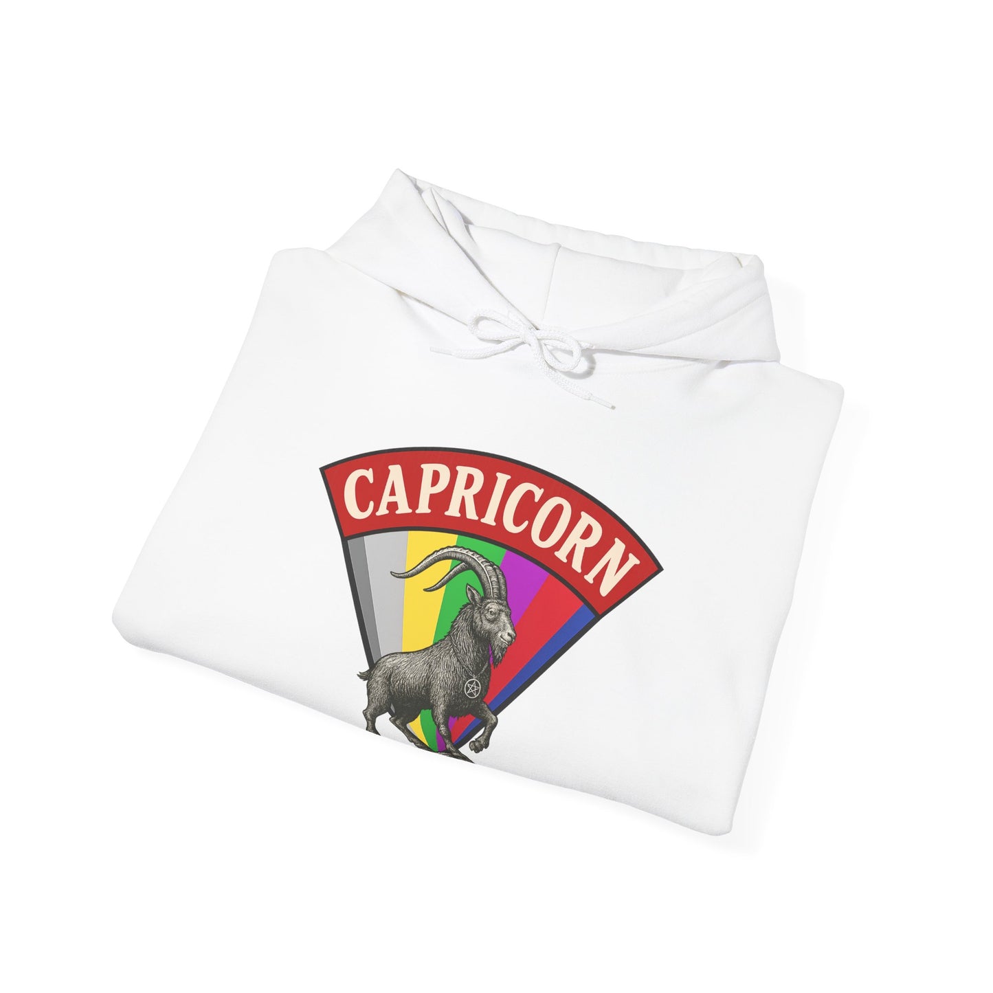 White sweatshirt with Capricorn zodiac sign design on a white background