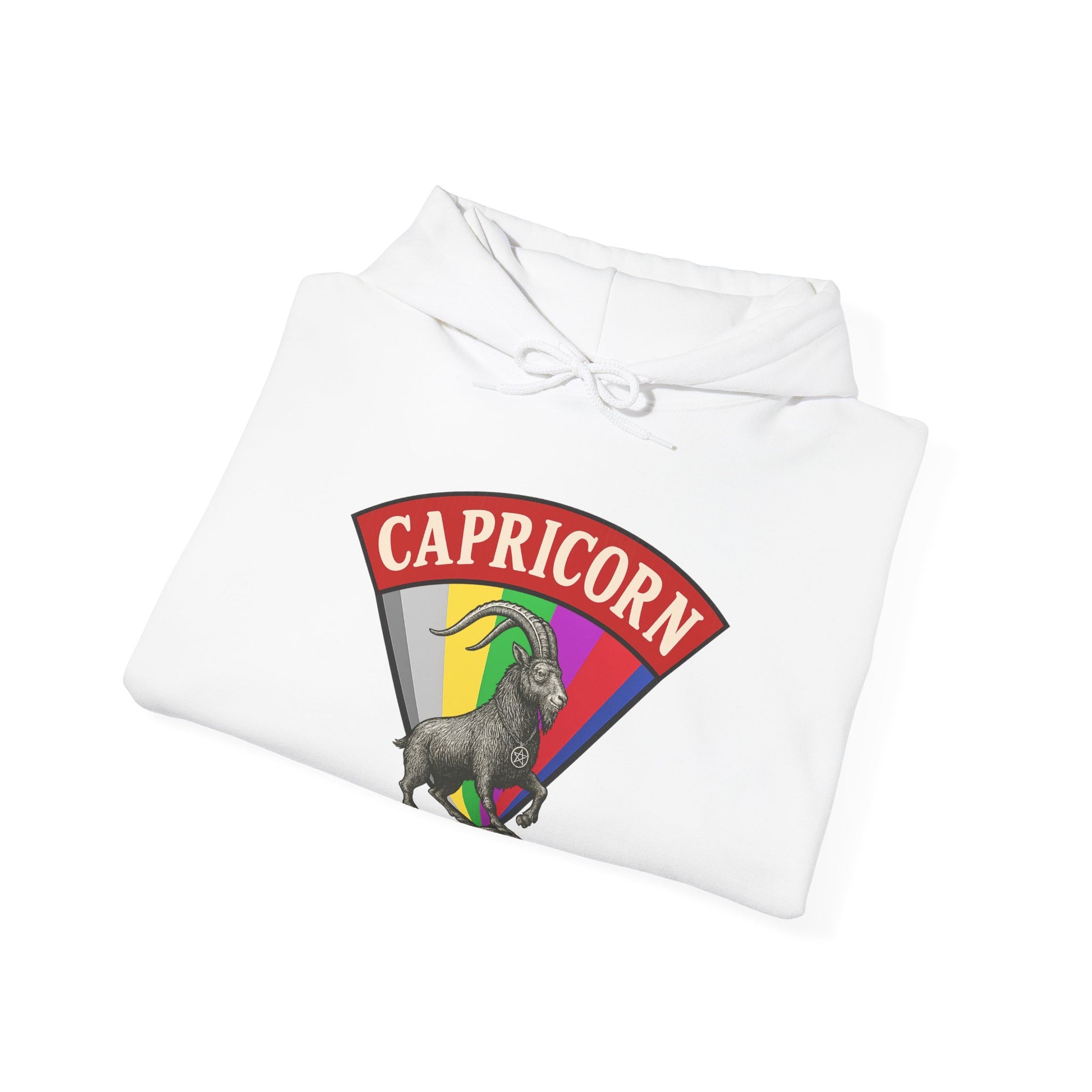 White sweatshirt with Capricorn zodiac sign design on a white background