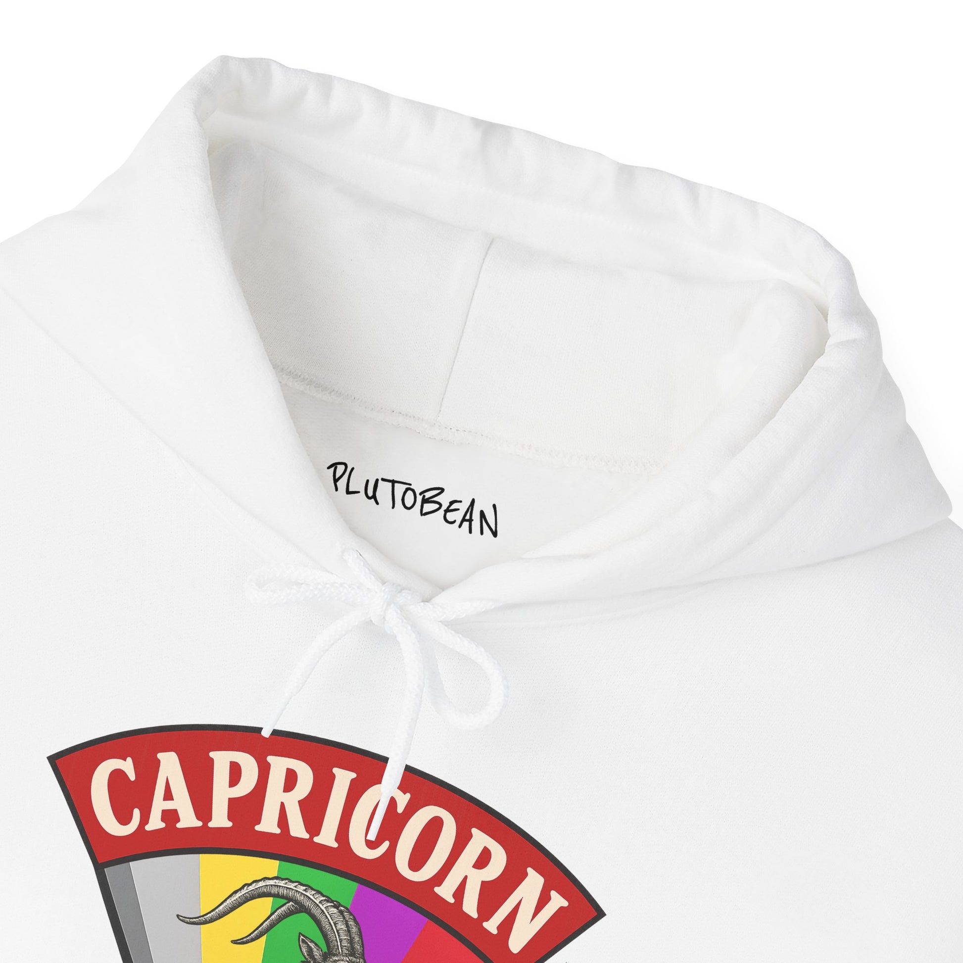 White hoodie with 'Capricorn' design and 'PlutoBean' text on a white background
