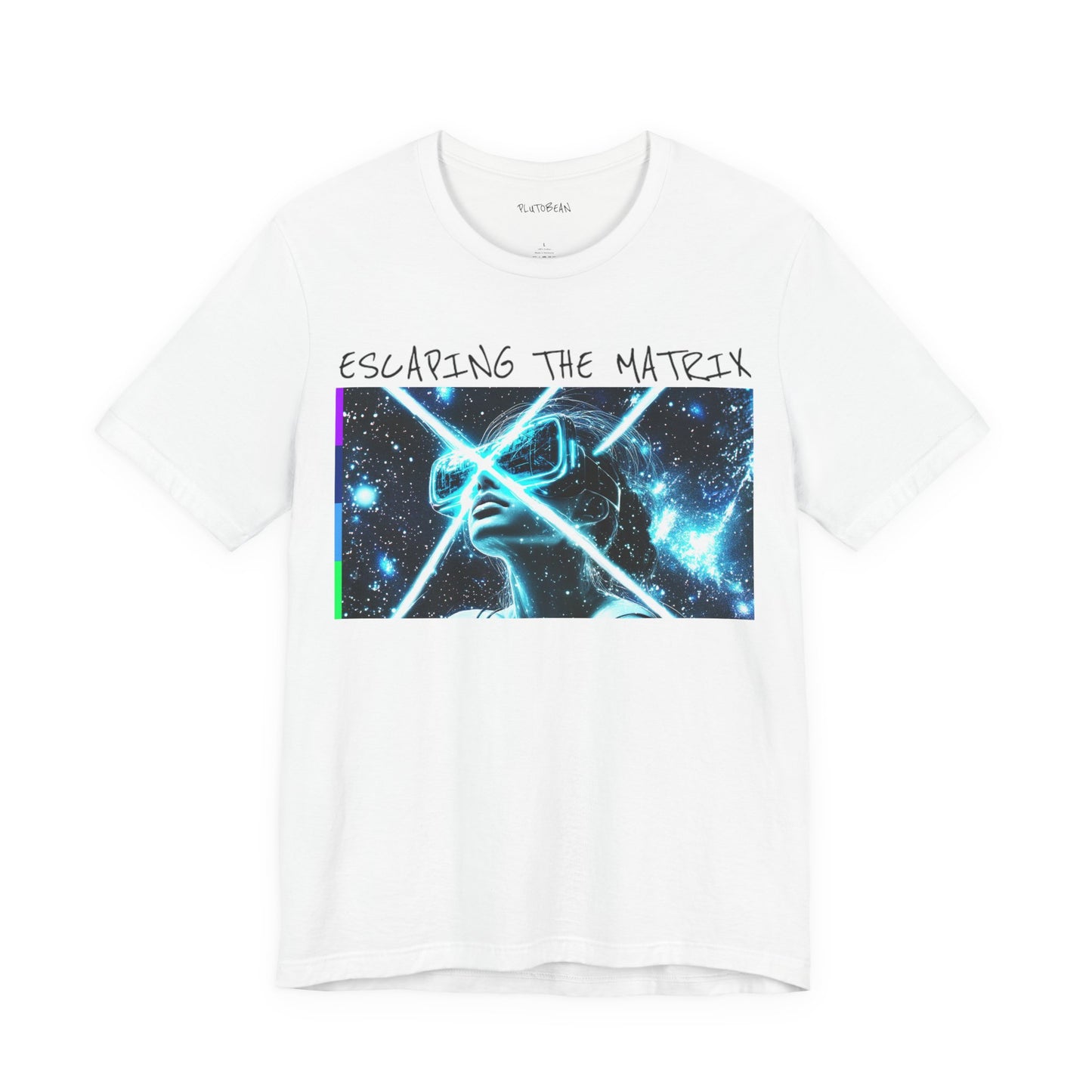 White t-shirt with graphic design and text 'Escaping the Matrix' on a white background
