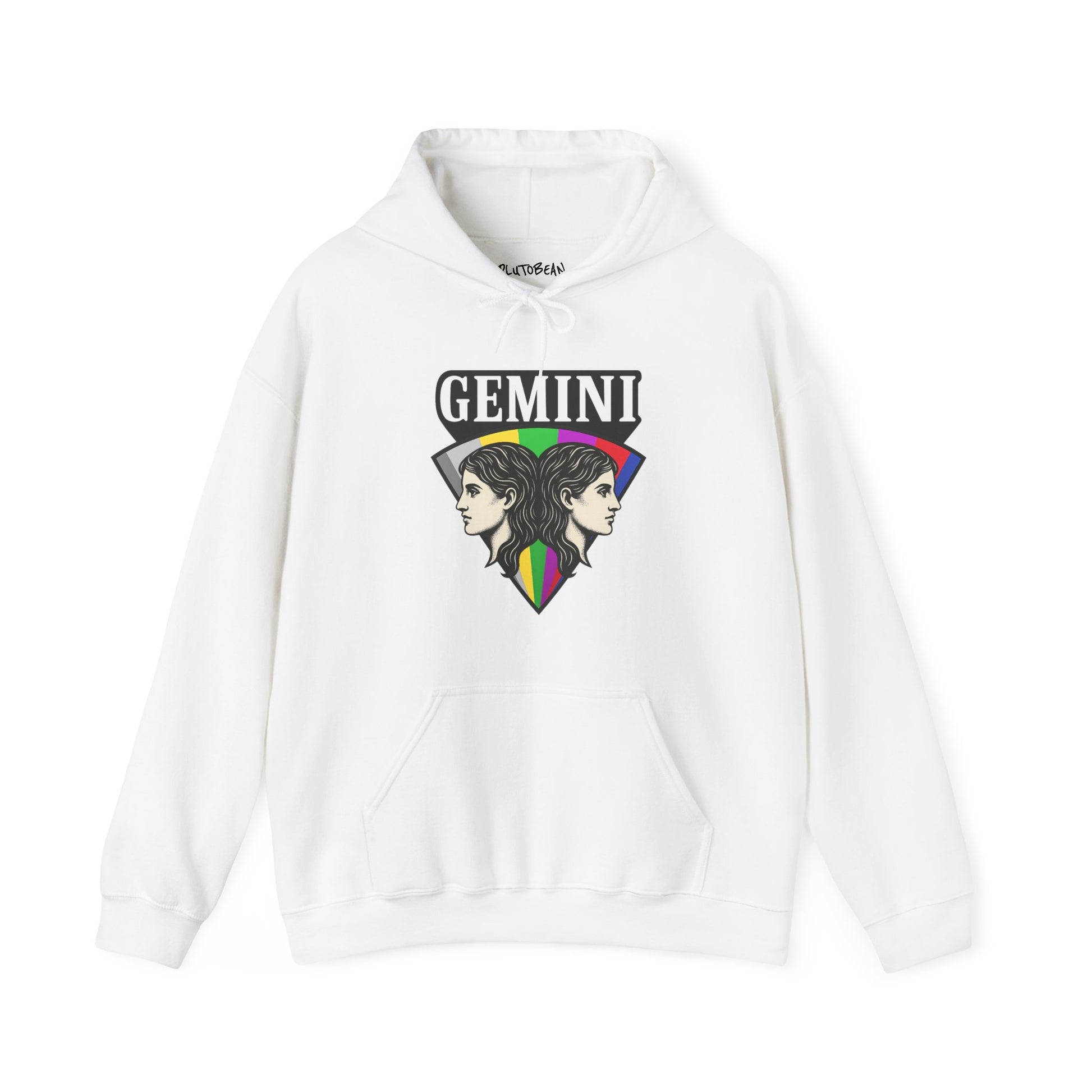 White hoodie with Gemini zodiac design on a white background