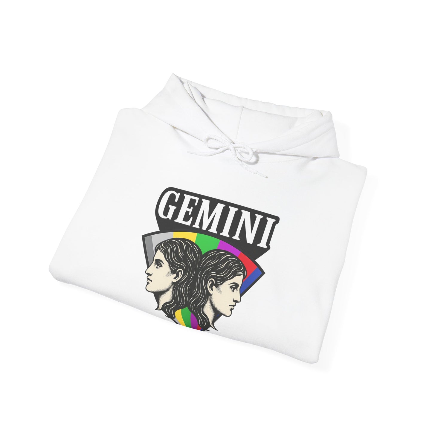 White sweatshirt with Gemini zodiac design on a white background
