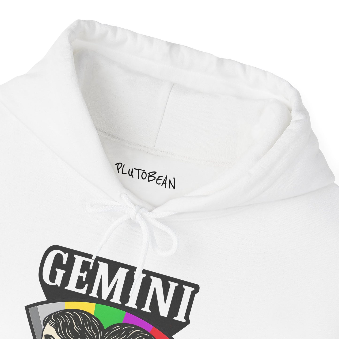 White hoodie with 'Gemini' design and 'PlutoBean' branding on a white background