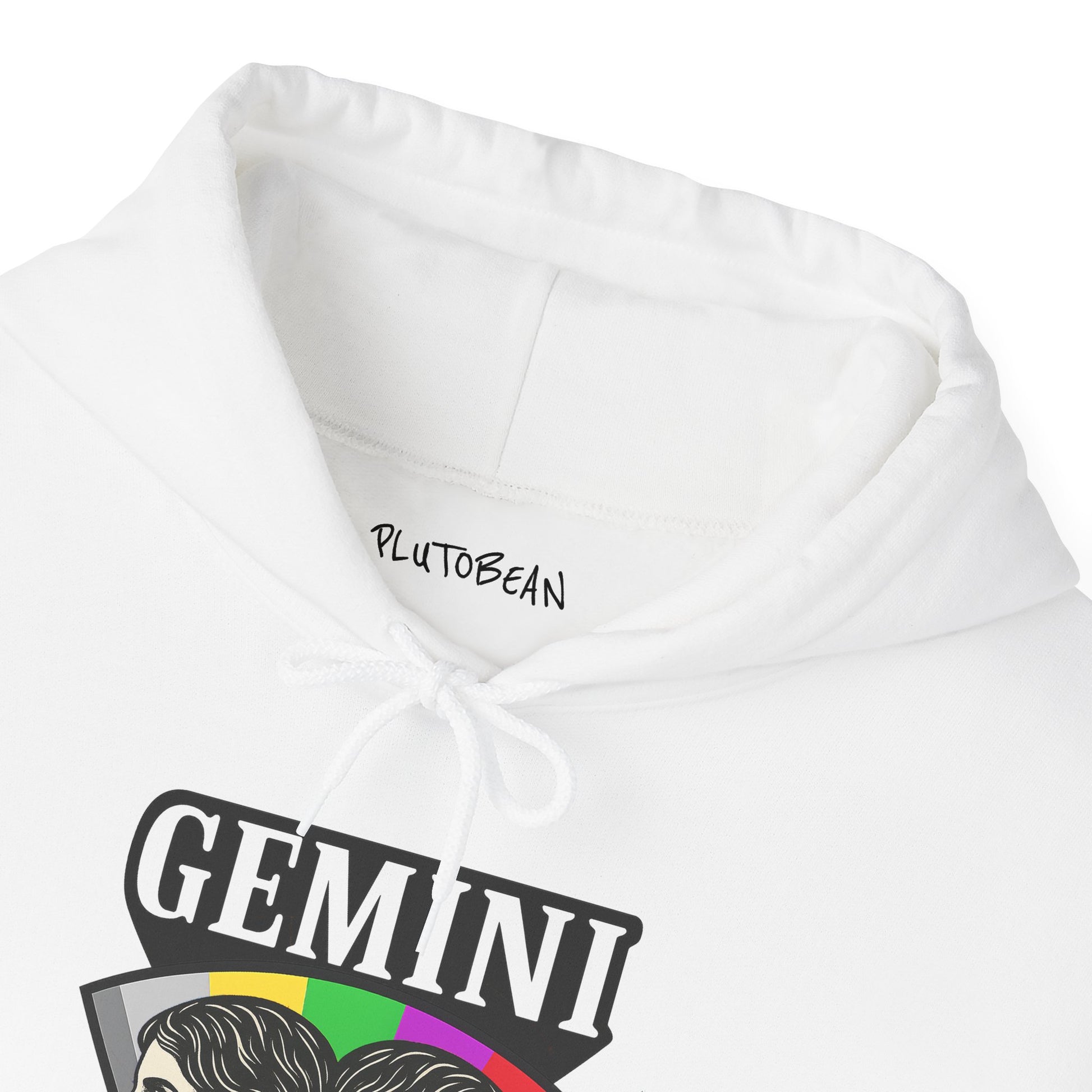 White hoodie with 'Gemini' design and 'PlutoBean' branding on a white background