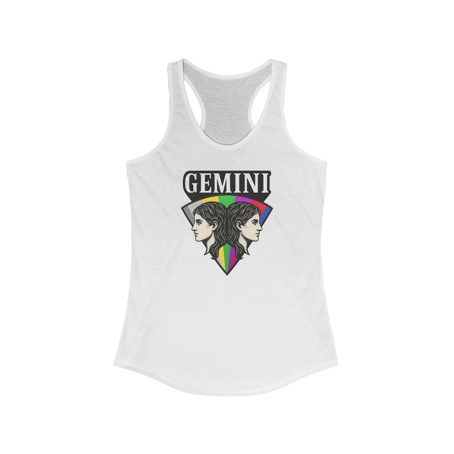 White tank top with Gemini zodiac design on a white background