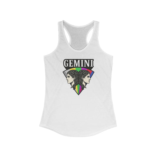 White tank top with Gemini zodiac design on a white background