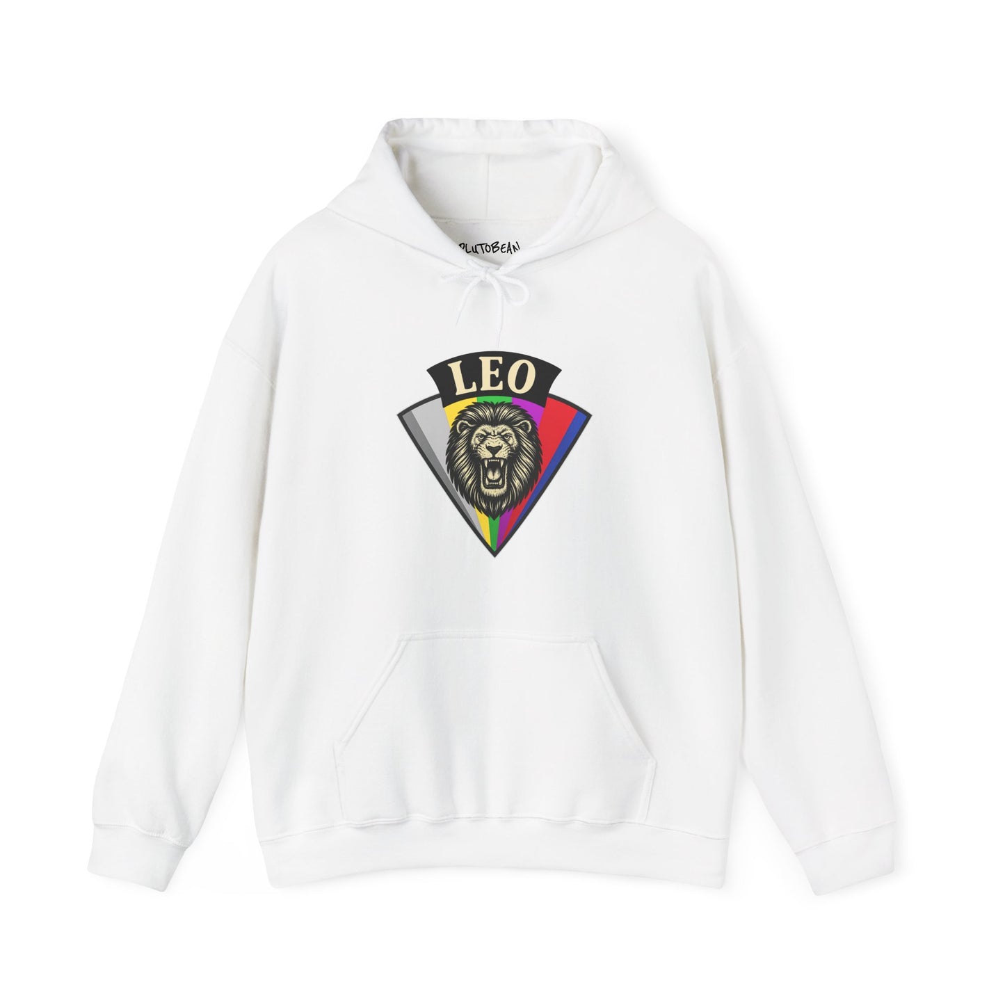 White hoodie with a colorful 'LEO' design on a white background