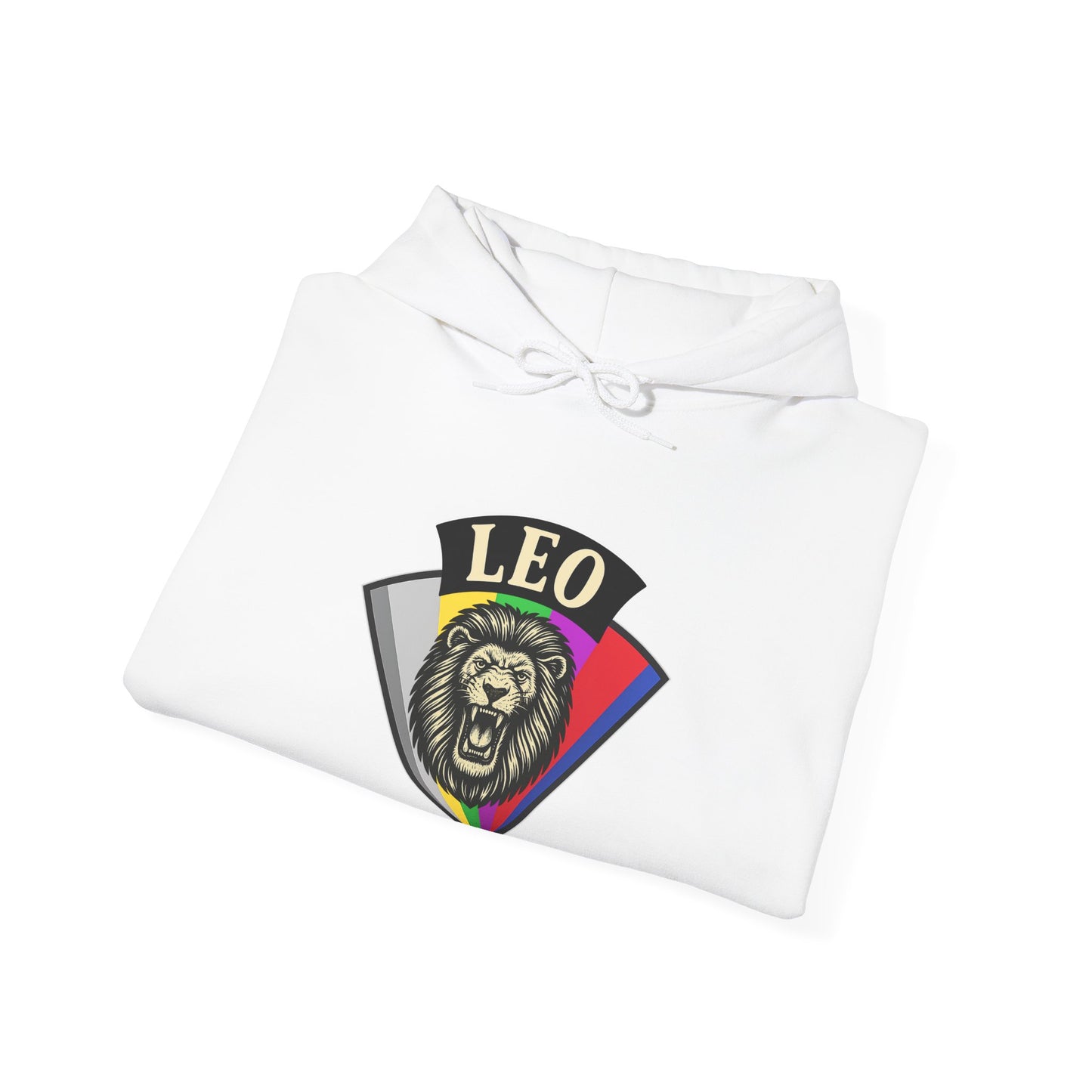 White sweatshirt with a colorful 'LEO' design on a white background
