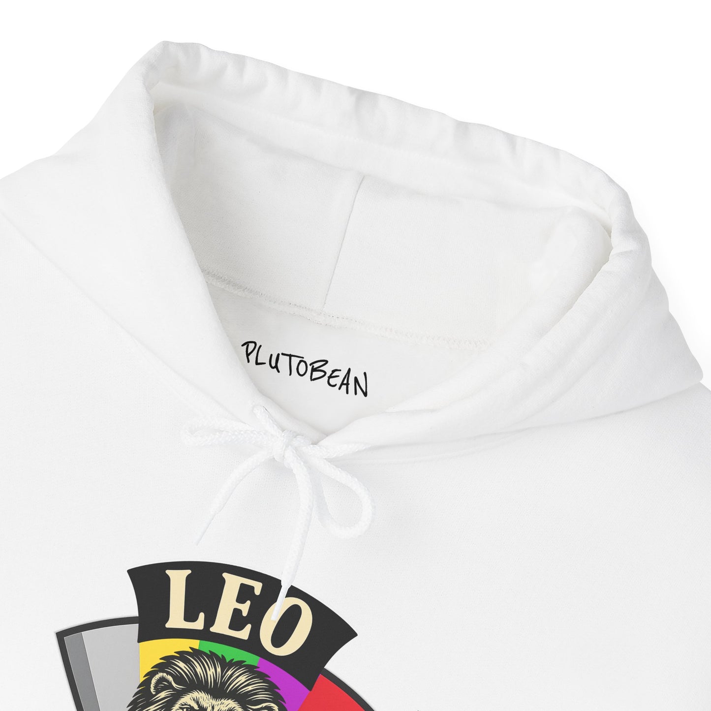 White hoodie with 'PlutoBean' branding and a colorful 'Leo' design on a white background
