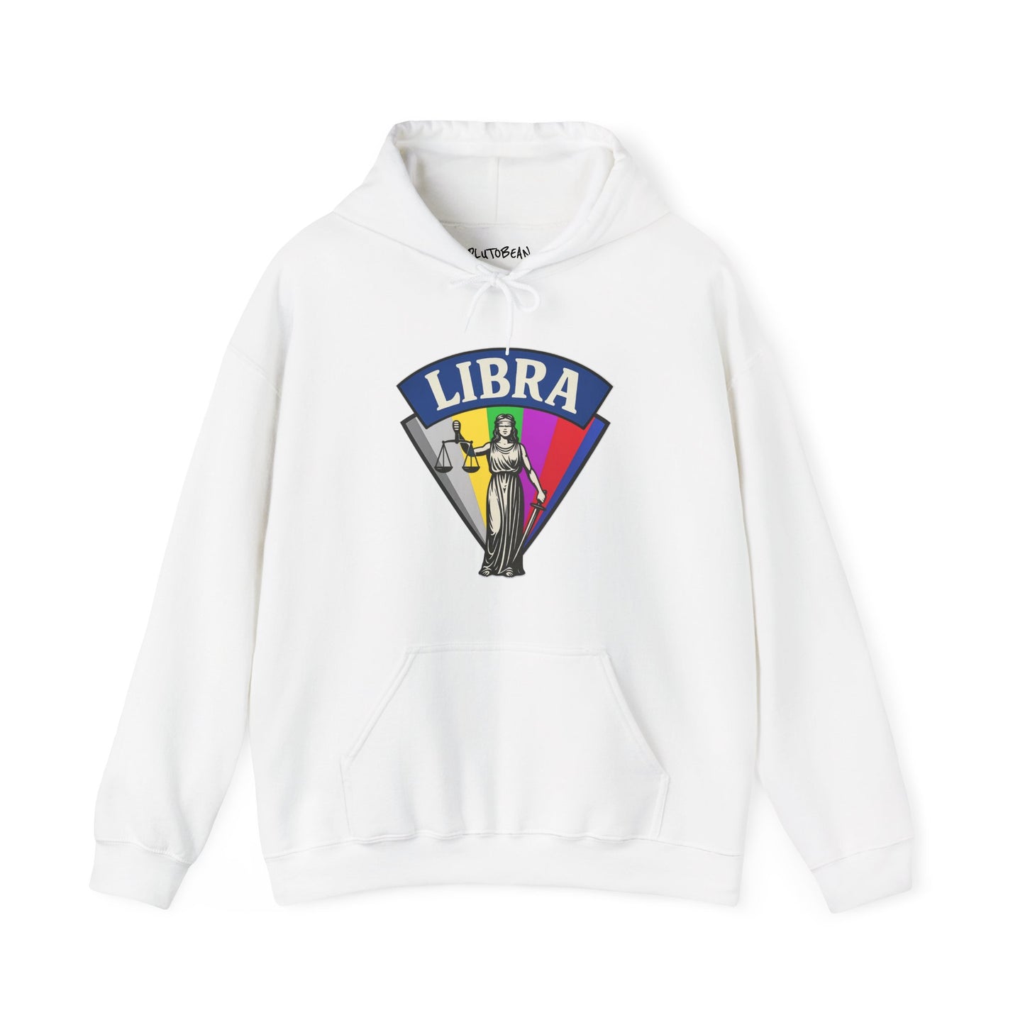 White hoodie with Libra zodiac design on a white background