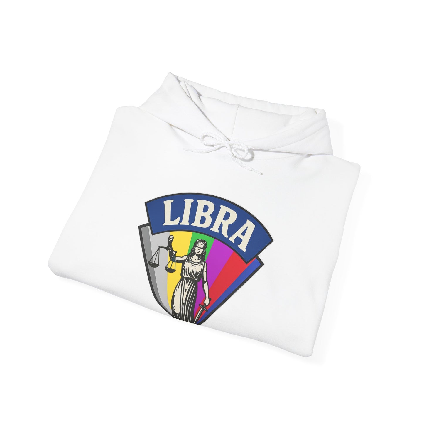 White shirt with Libra zodiac sign design on a white background