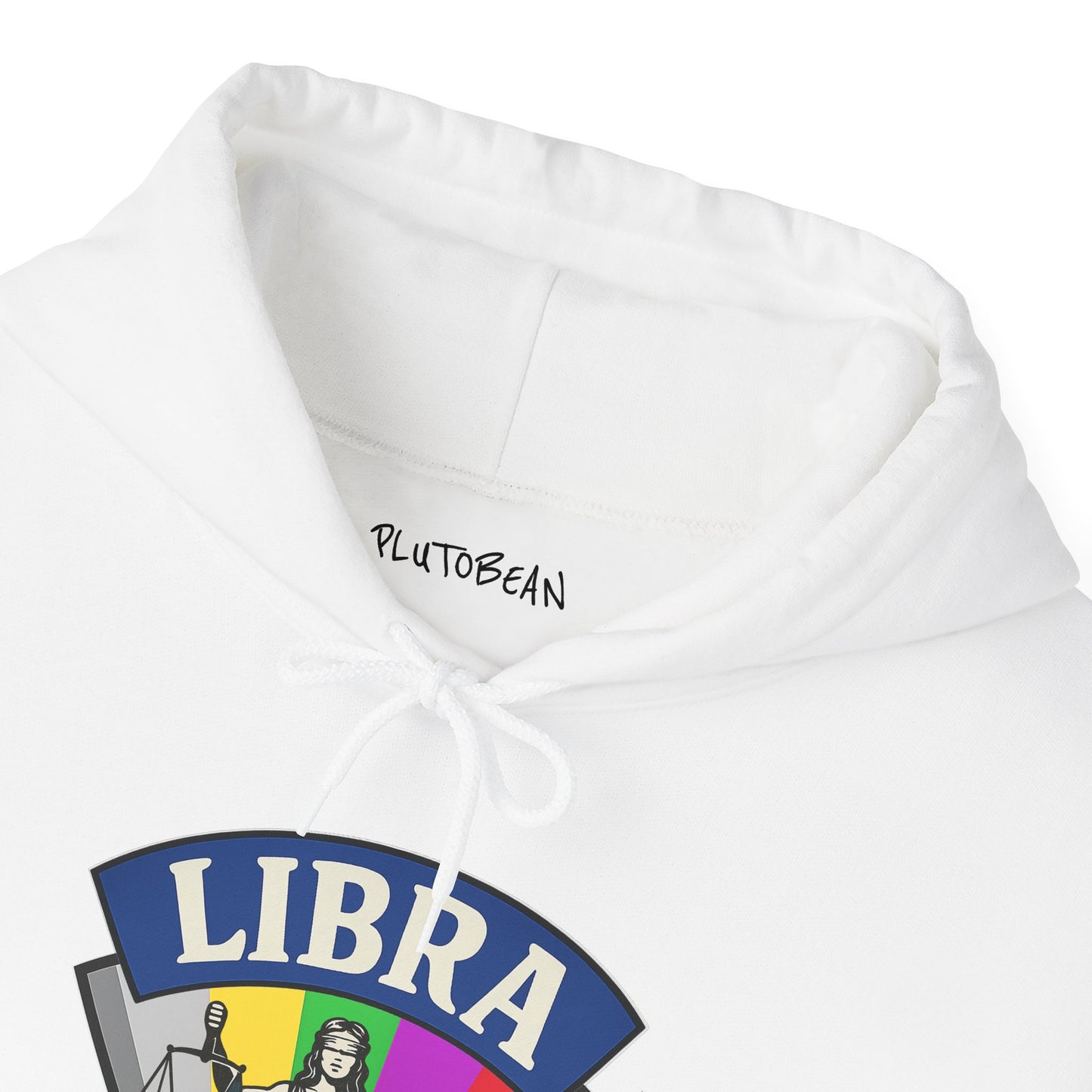 White hoodie with 'Libra' design and 'PlutoBean' text on a white background