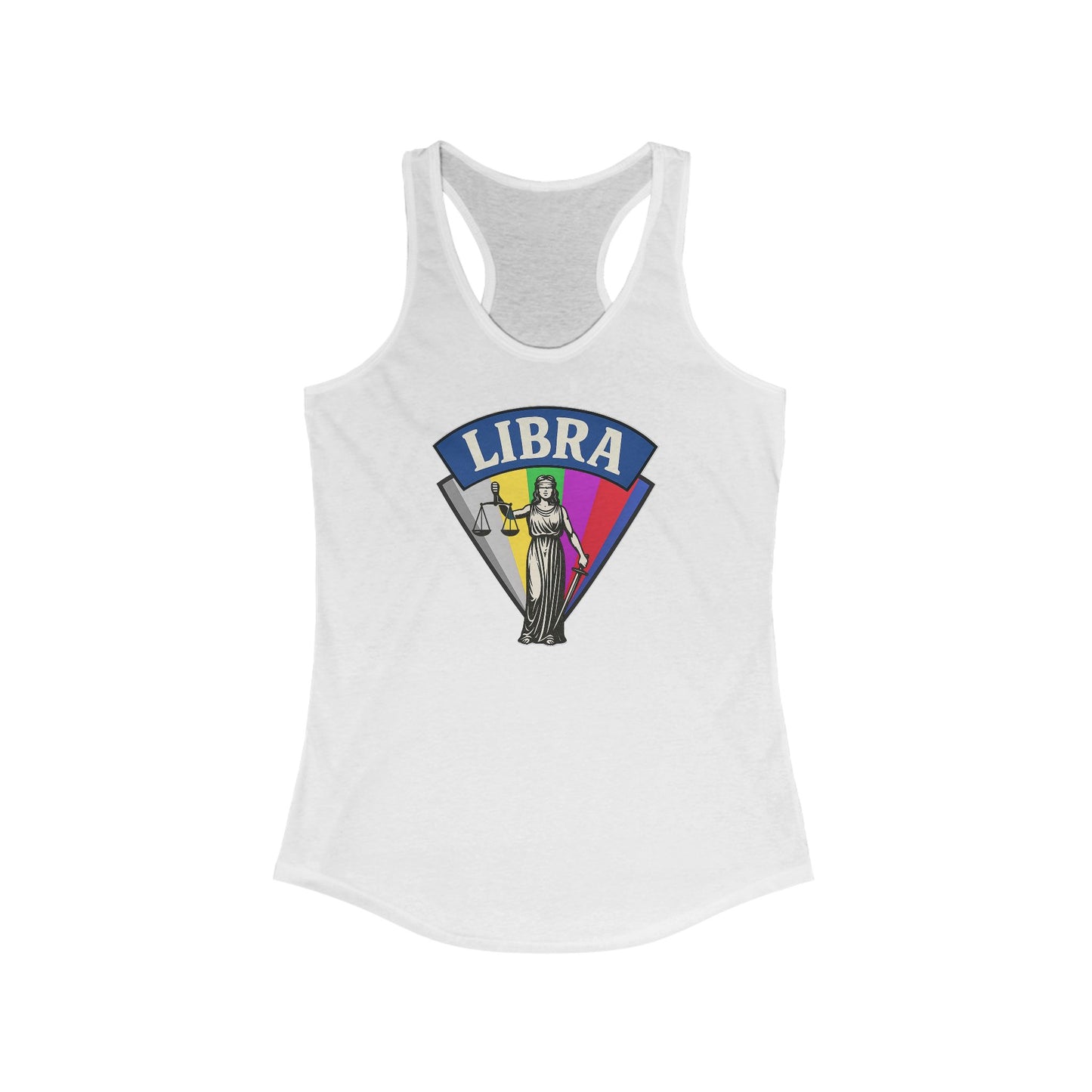 White tank top with Libra zodiac design on a white background