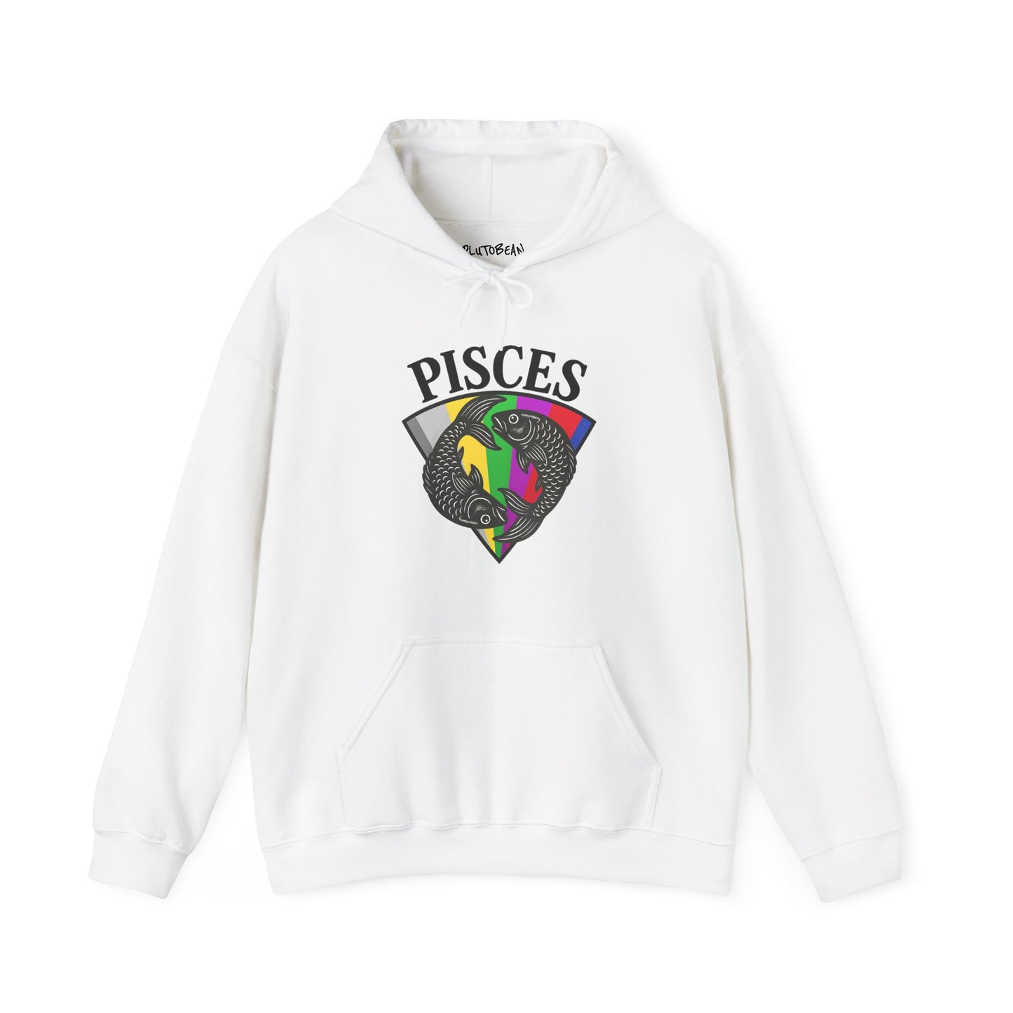 White hoodie with 'Pisces' design featuring a colorful astrological sign on a white background