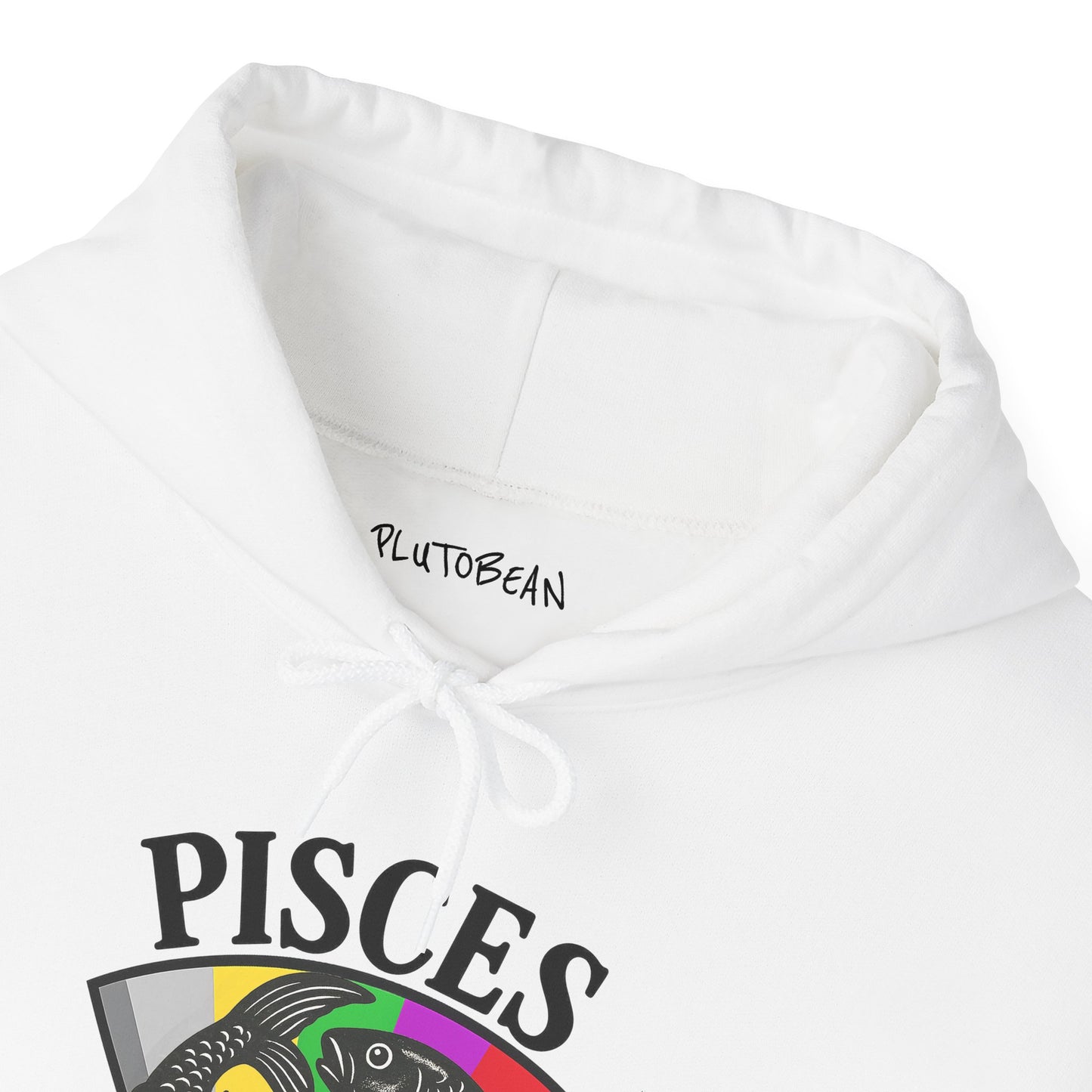 White hoodie with 'PlutoBean' branding and 'Pisces' design on a white background