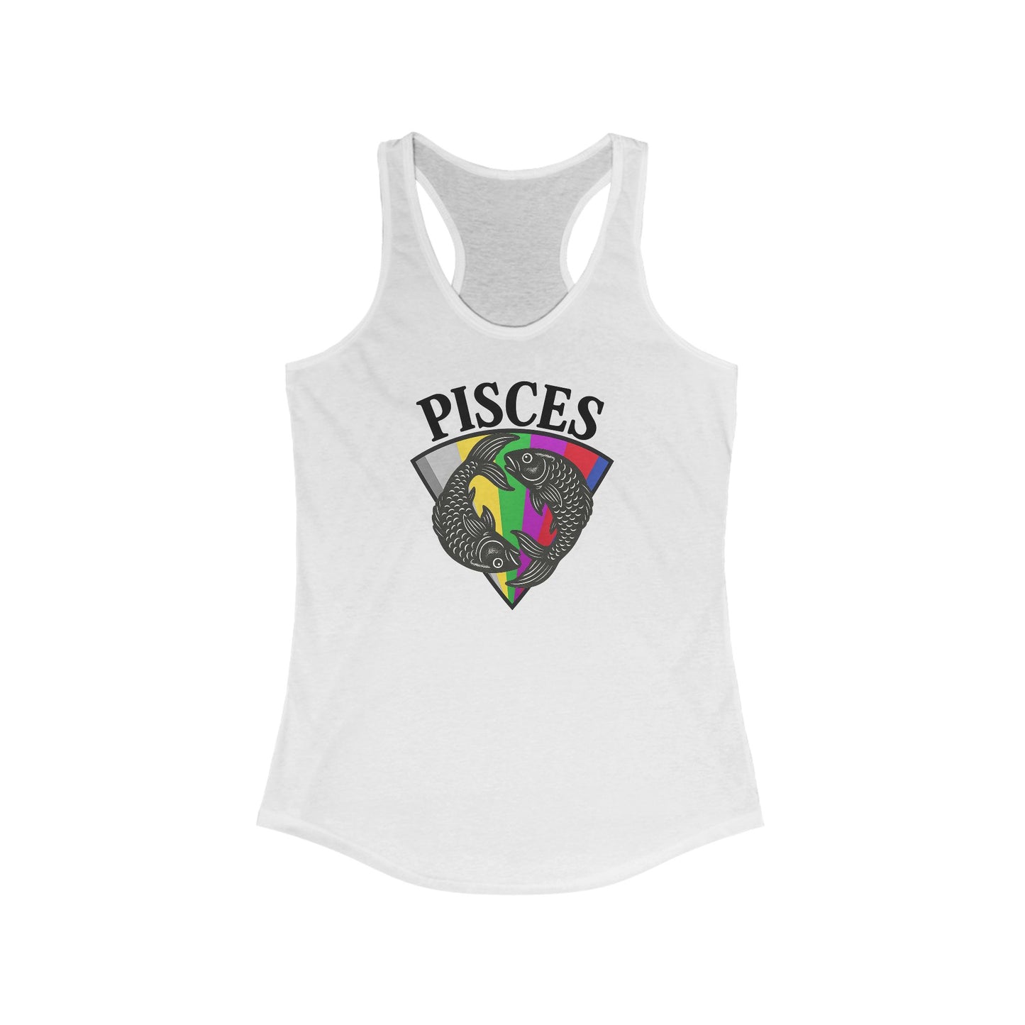 White tank top with 'Pisces' and zodiac symbol design on a white background