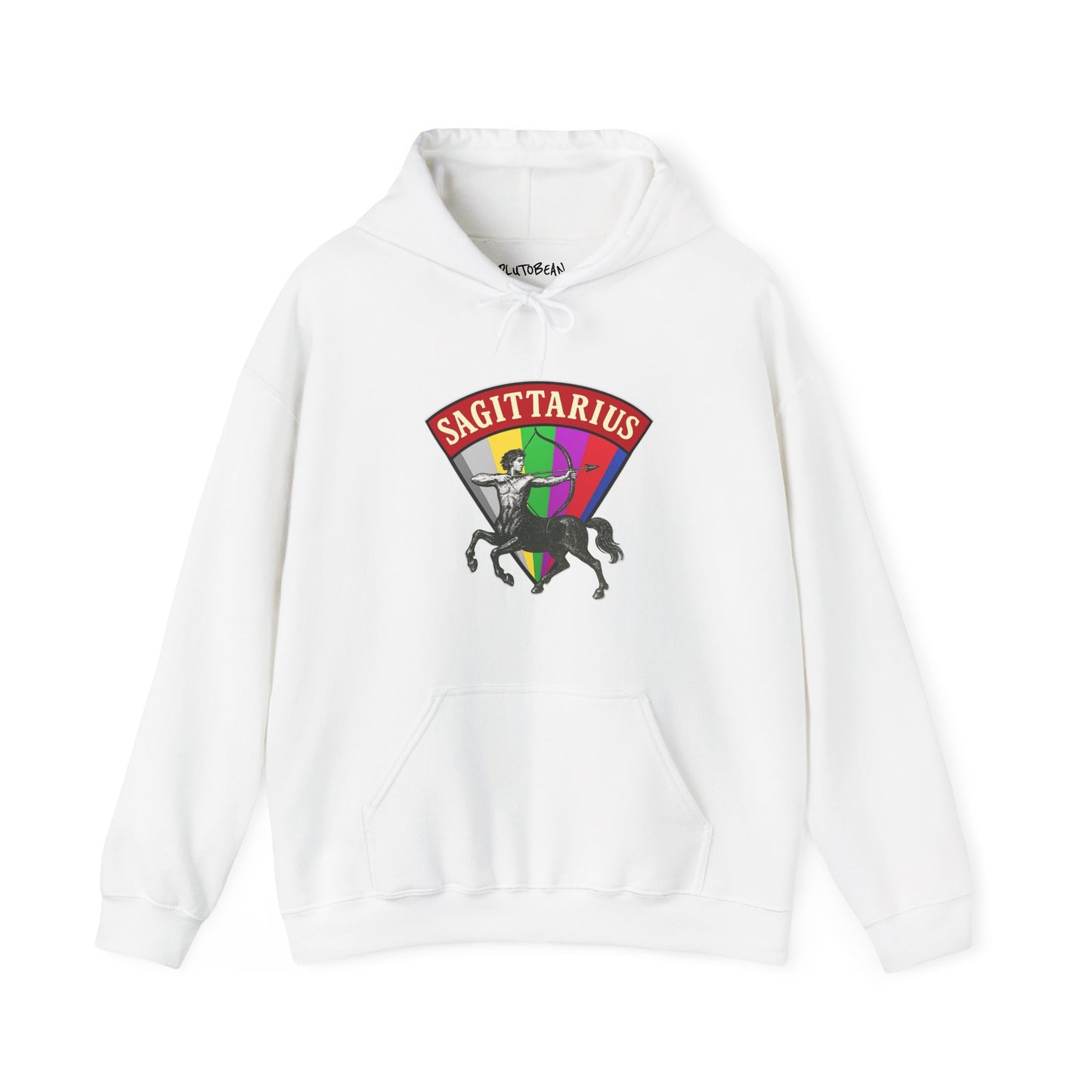White hoodie with Sagittarius zodiac sign design on a white background