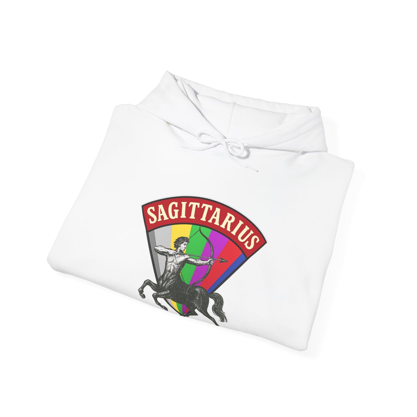 White sweatshirt with Sagittarius zodiac sign design on a white background