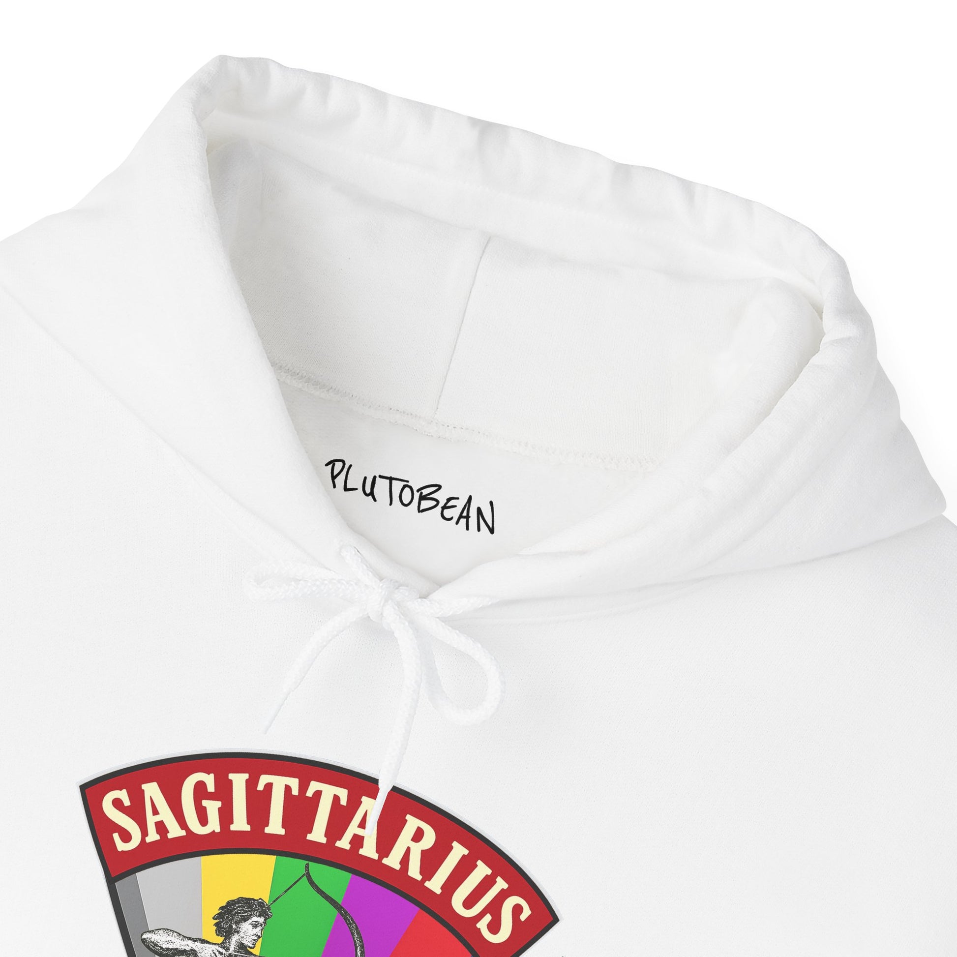 White hoodie with Sagittarius zodiac sign design and Plutobean branding on a white background
