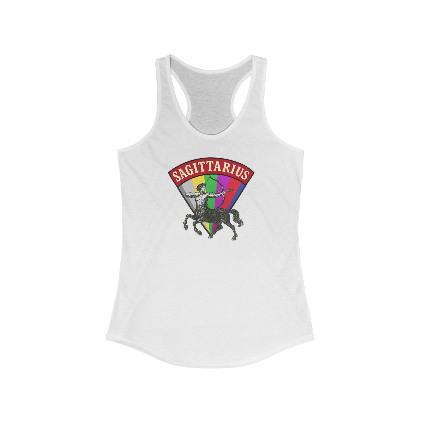 White tank top with Sagittarius zodiac sign design on a white background