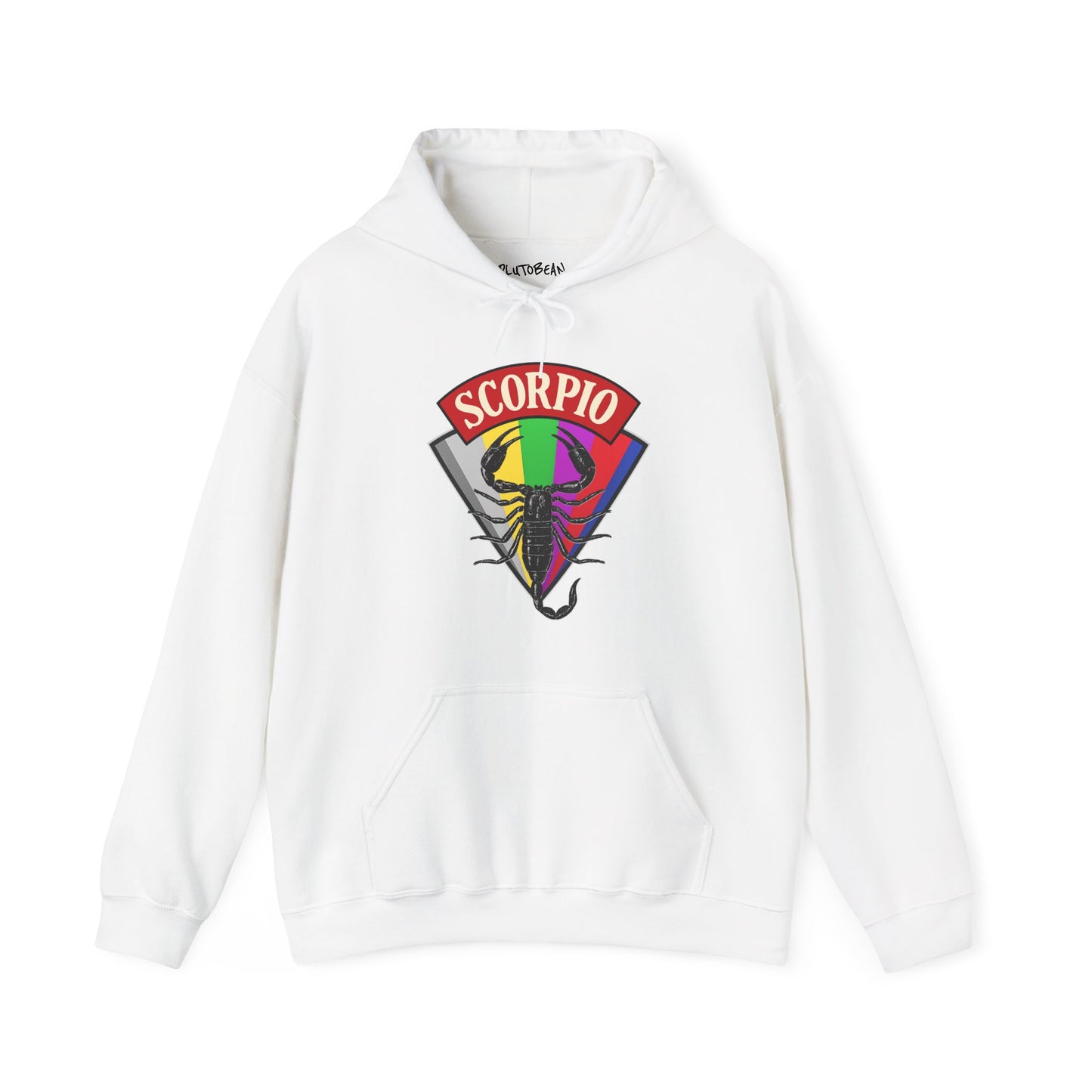 White hoodie with Scorpio zodiac sign graphic on a white background