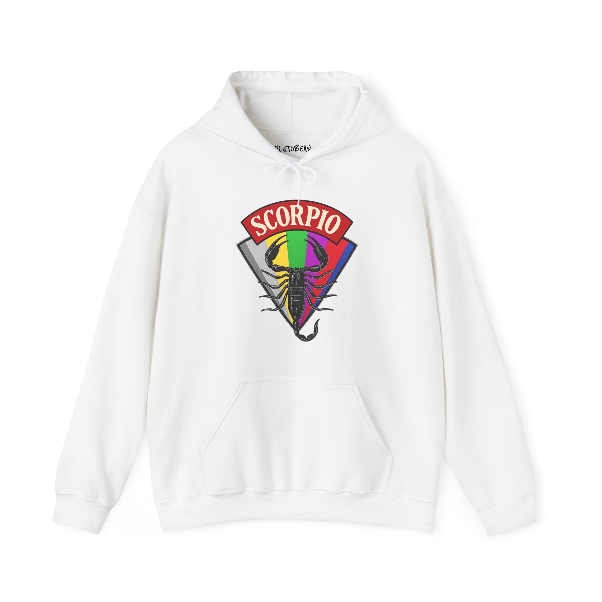 White hoodie with Scorpio zodiac sign graphic on a white background