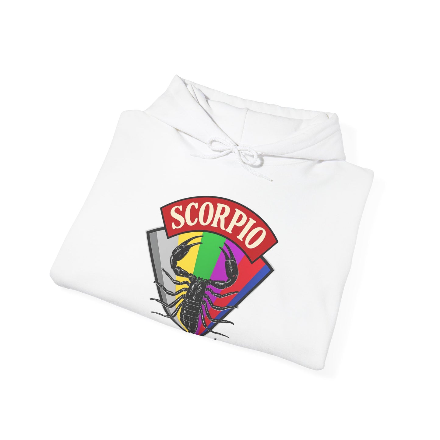 White hoodie with Scorpio zodiac design on a white background