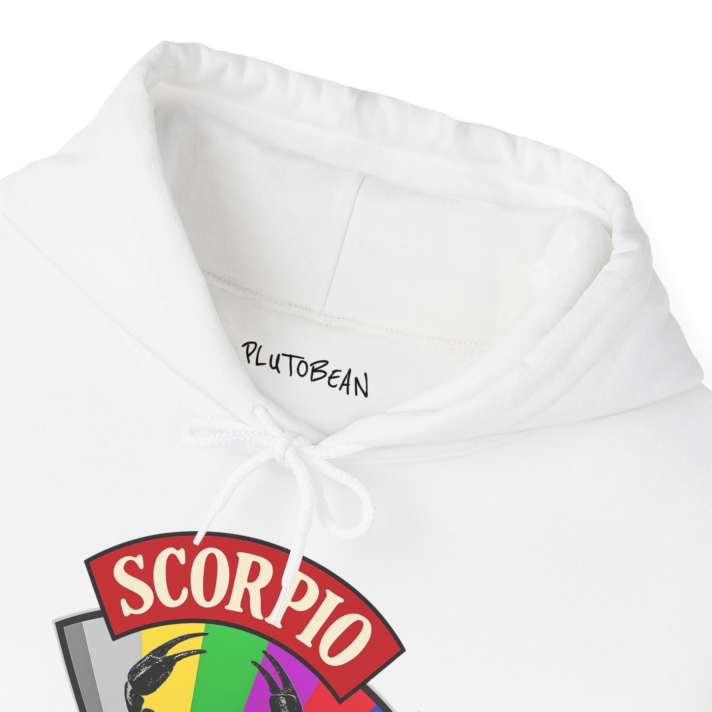 White hoodie with 'PlutoBean' branding and a colorful 'Scorpio' design on a white background