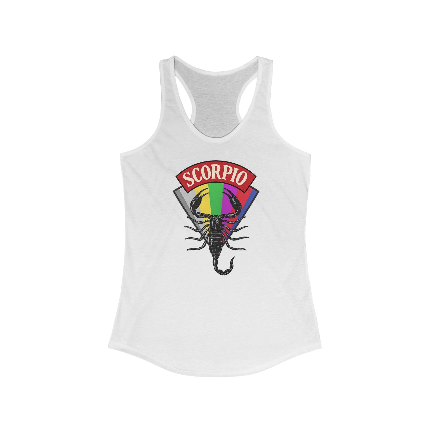 White tank top with Scorpio zodiac sign and rainbow design on a white background