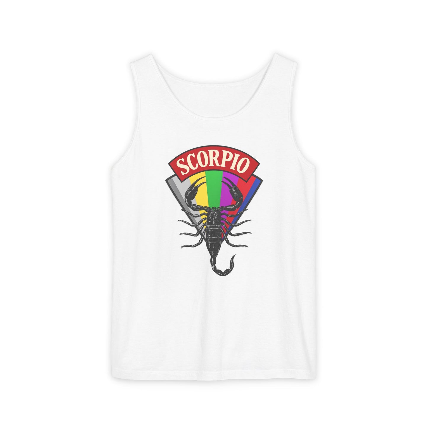 White tank top with Scorpio zodiac sign design on a white background