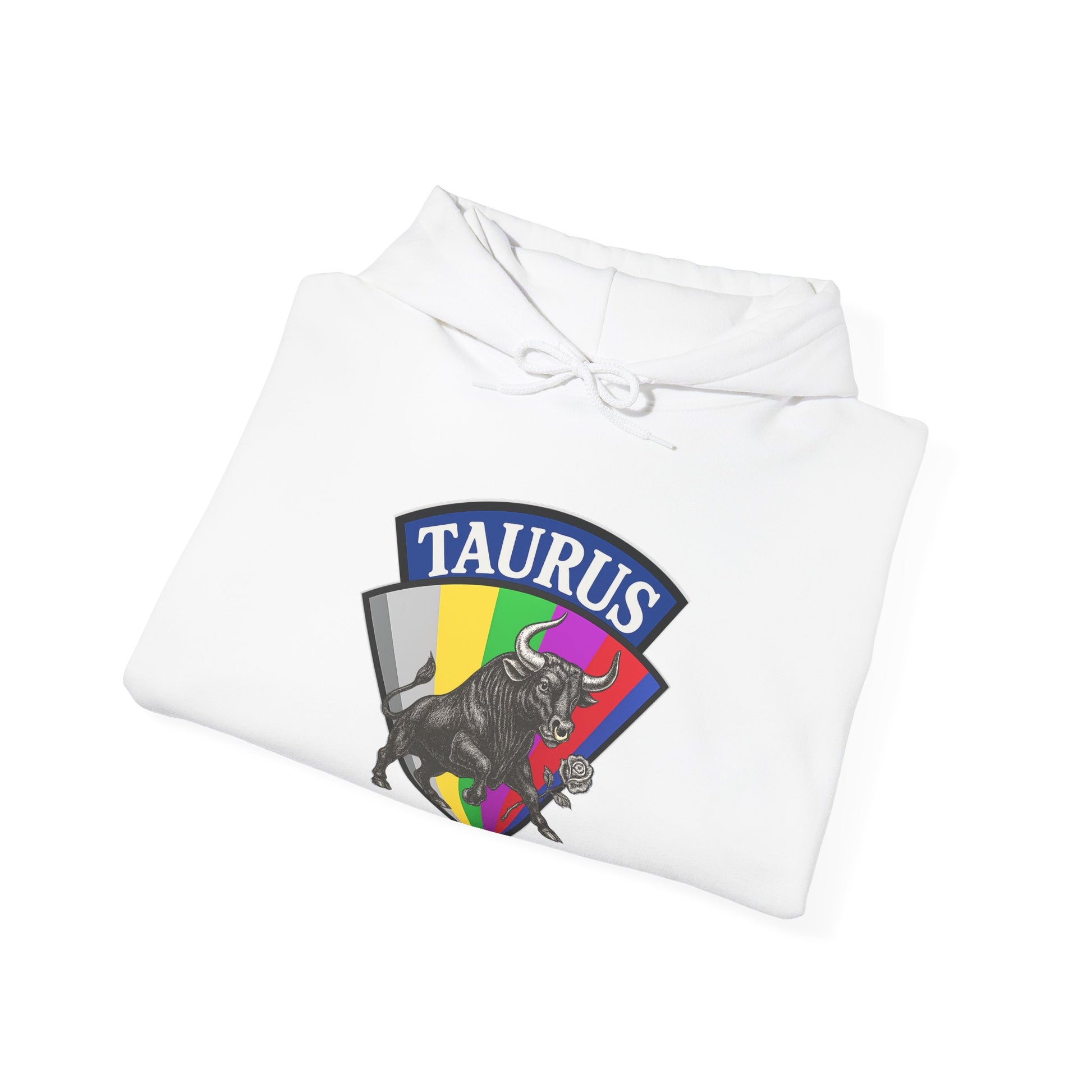 White hoodie with Taurus zodiac design on a white background