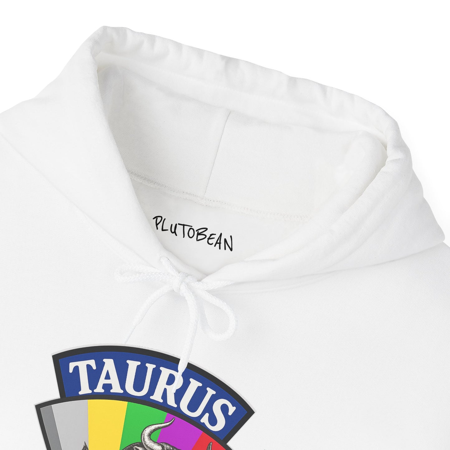 White hoodie with 'Taurus' and 'PlutoBean' text on a white background
