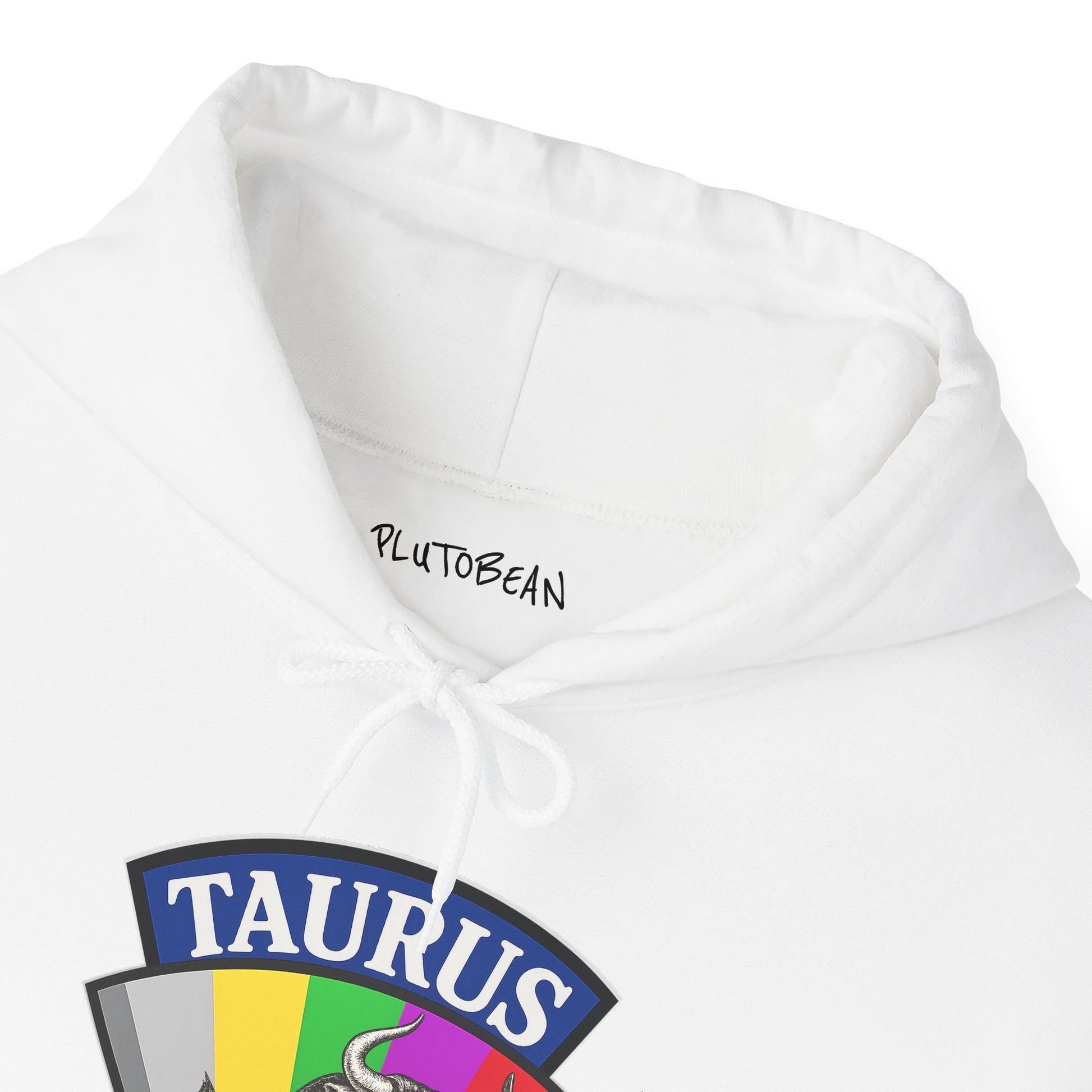 White hoodie with 'Taurus' and 'PlutoBean' text on a white background