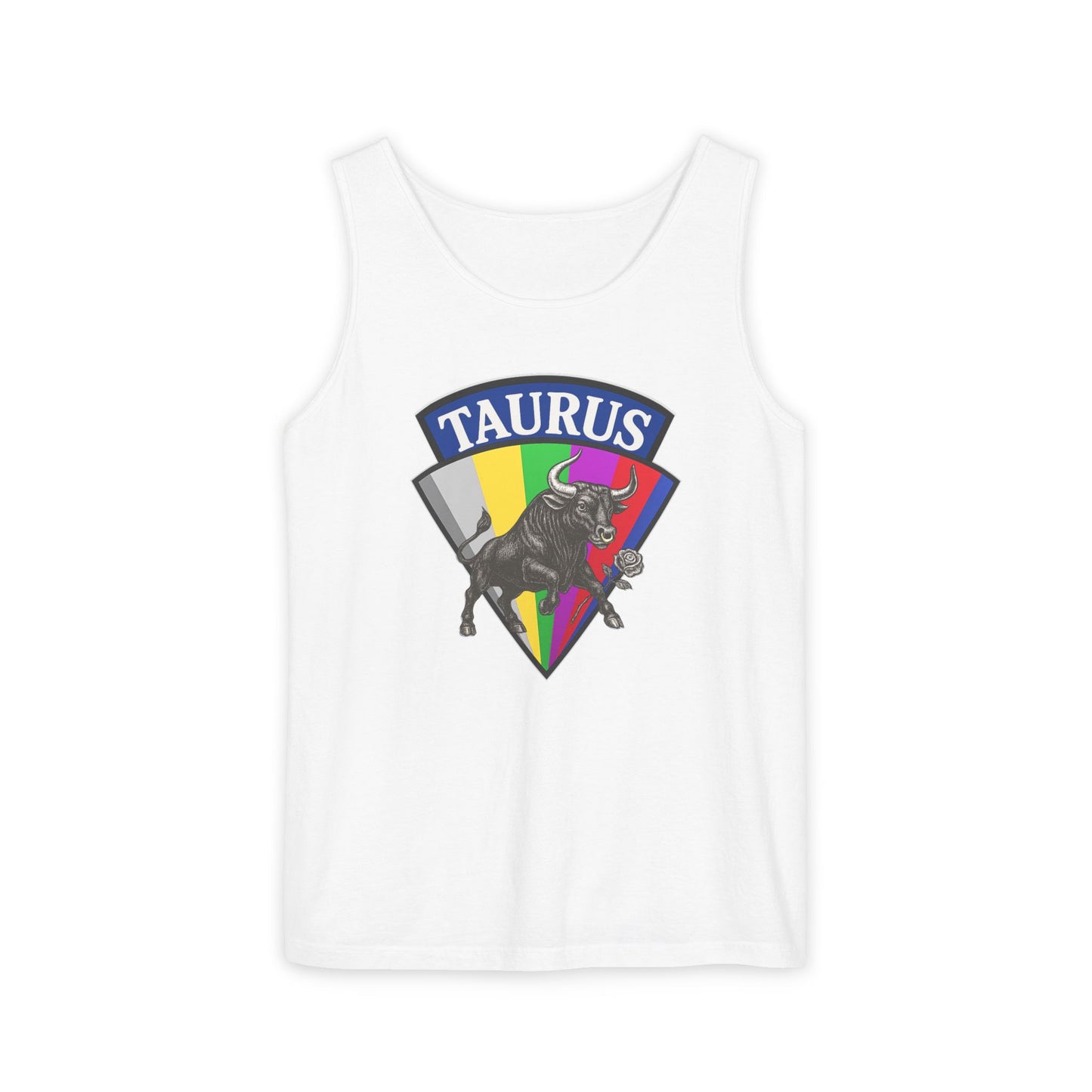 White tank top with Taurus zodiac sign design on a white background