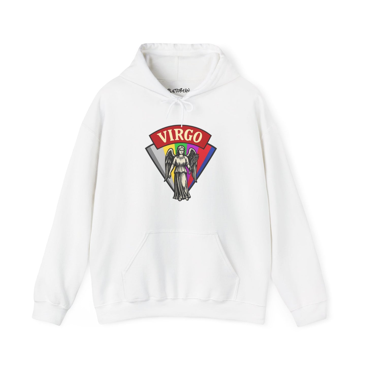 White hoodie with 'Virgo' design featuring an angel and rainbow colors on a white background