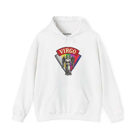 White hoodie with 'Virgo' design featuring an angel and rainbow colors on a white background
