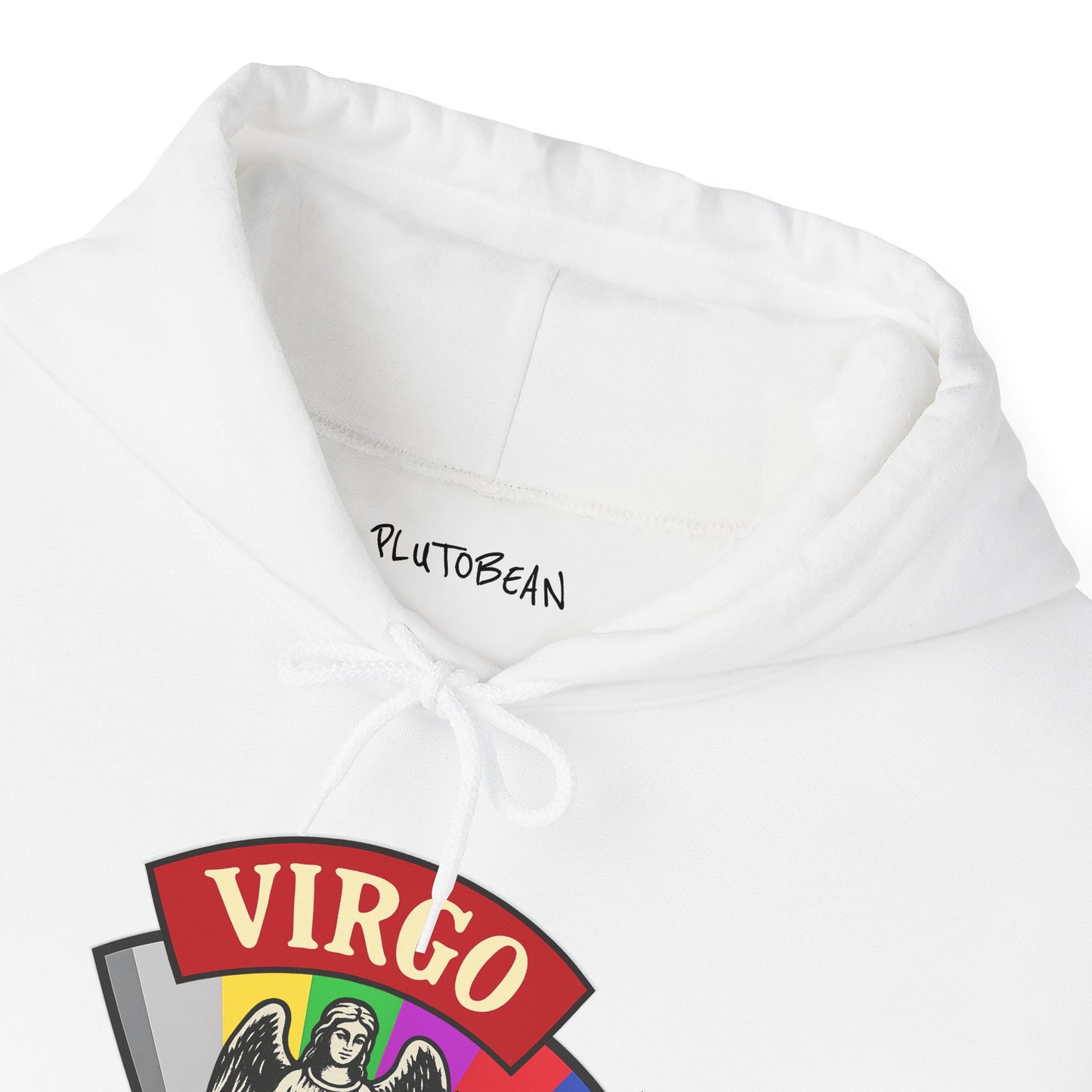 White hoodie with 'PlutoBean' branding and Virgo zodiac sign design.