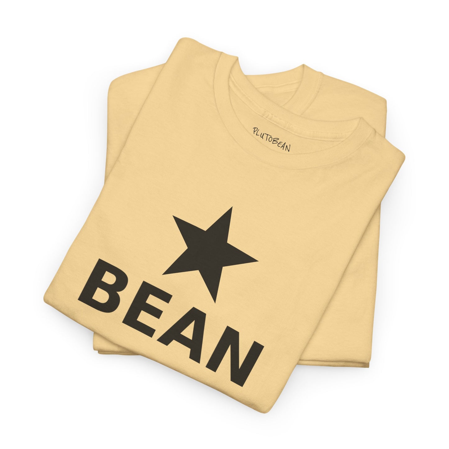 yellow t-shirt with black star and 'BEAN' text on a white background