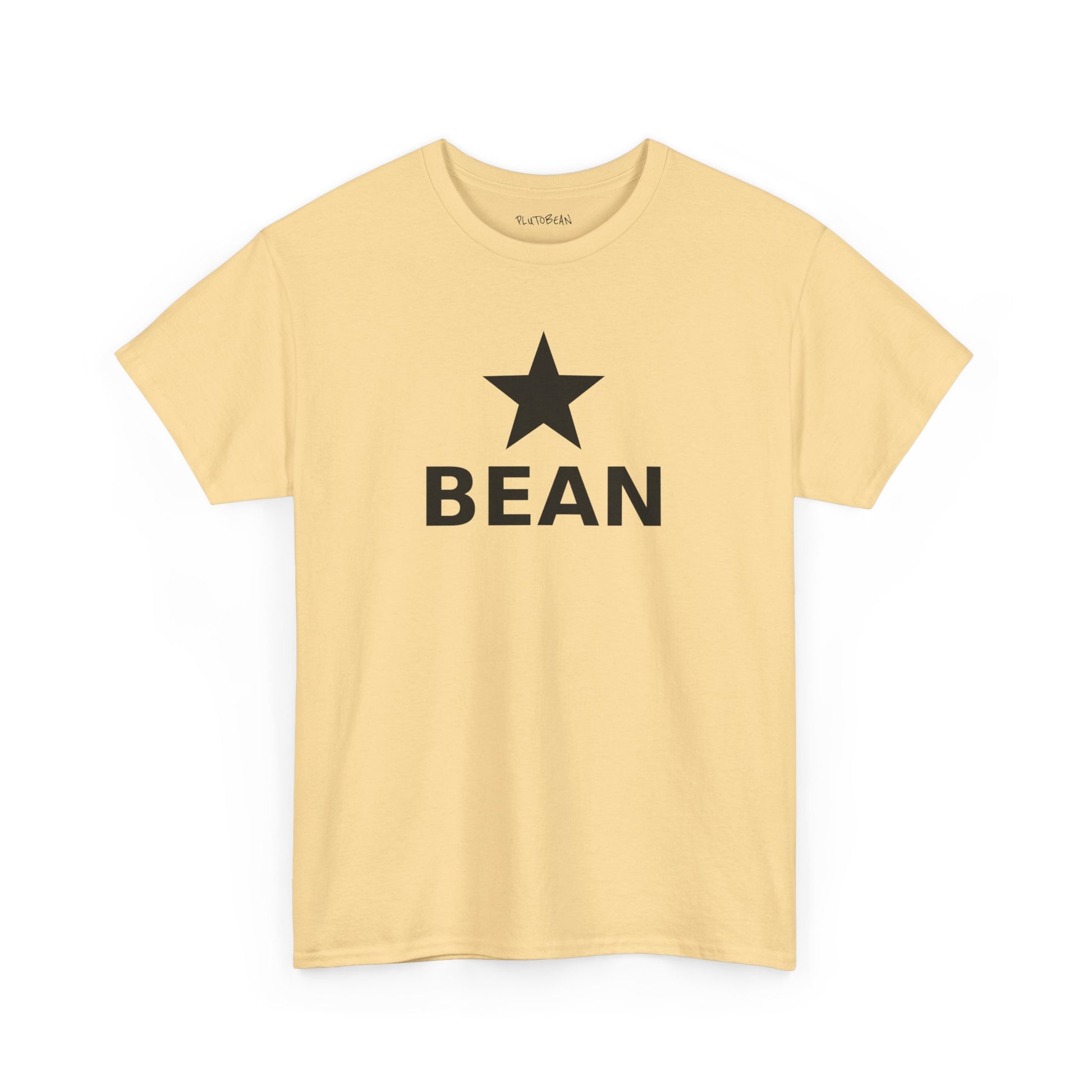 Yellow t-shirt with black star and 'BEAN' text on a white background
