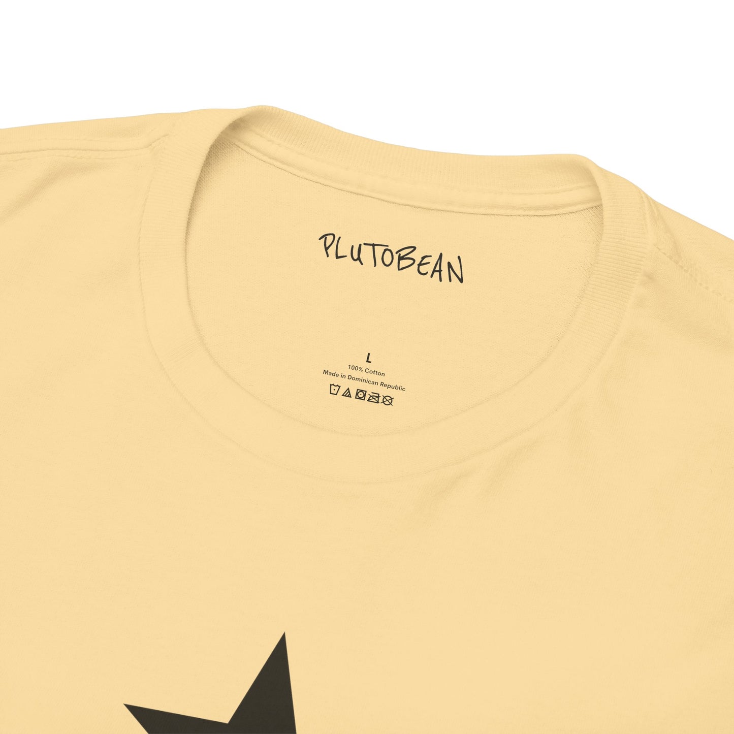 Beige t-shirt with 'PLUTO BEAN' branding on a white background